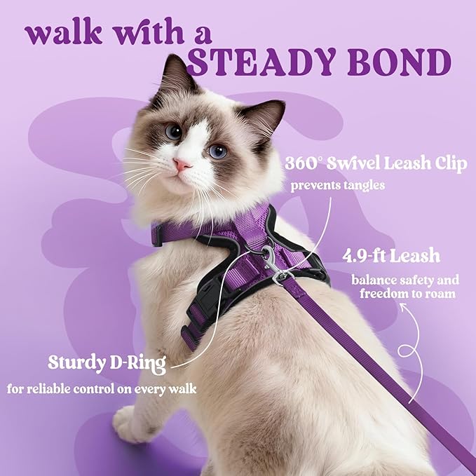 rabbitgoo Cat Harness and Leash for Walking, Escape Proof Soft Adjustable Vest Harnesses for Cats, Easy Control Breathable Reflective Strips Jacket, Purple, M
