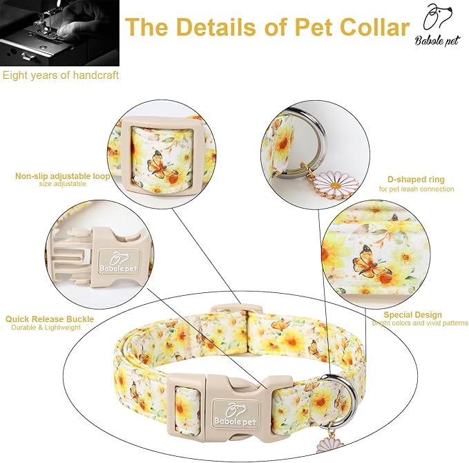 Sunflower Dog Collar, Adjustable Cute Dog Collars for Puppy Small Dogs, Lightweight Summer Fall Pet Collar with Quick-Release Buckle for Boy&Girl Dogs XS