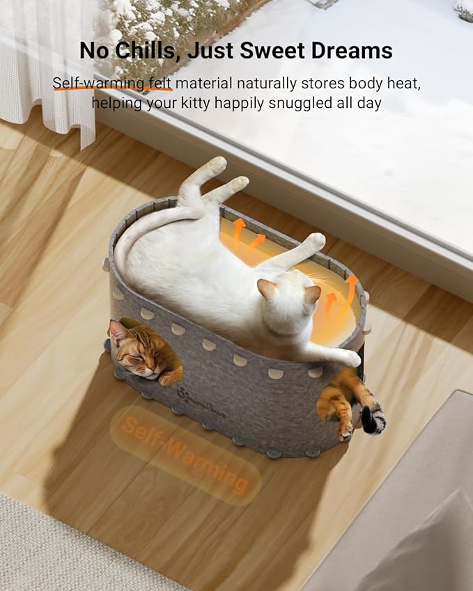 DownyPaws Cat House for Indoor Cats, Cat Bed Cave for Multiple & Large Cats Up to 22 Lbs, Scratch Resistant, Foldable Peekaboo Kitten Caves Tunnel Enclosed Bed, PeekaPurr, Light Gray