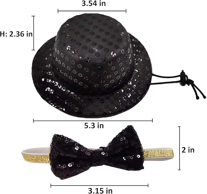 Christmas Pet Party Jazz Hat and Blingbling Bow Tie Breakaway Collar Set, Adjustable Headband for Kitten Puppy Small Dogs Cats (02 Black)