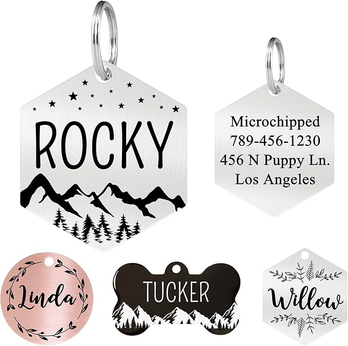 Ultra Joys Personalized Dog and Cat Tags - Stainless Steel, Hexagon Mountain Design, Silver Small, Custom Engraving Front and Back