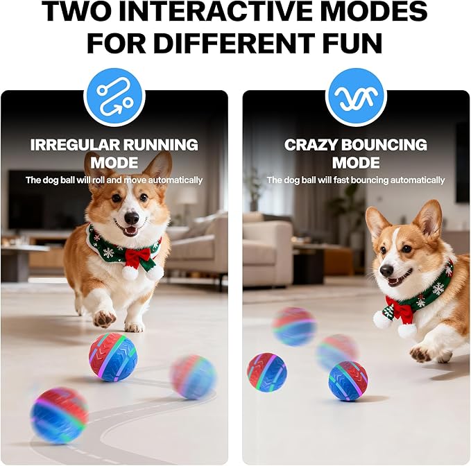 Pet Prime Interactive Dog Ball Toy Automatic Active Rolling Ball for Dogs Motion Activated with LED Light Rechargeable Self Moving Toy for Small Medium Large Dogs to Play Red/Blue