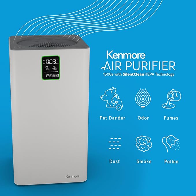 Kenmore PM3020 Air Purifiers with H13 True HEPA Filter, Covers Up to 1500 Sq.Foot, 24db SilentClean 3-Stage HEPA Filtration System, 5 Speeds for Home Large Room, Kitchens & Bedroom