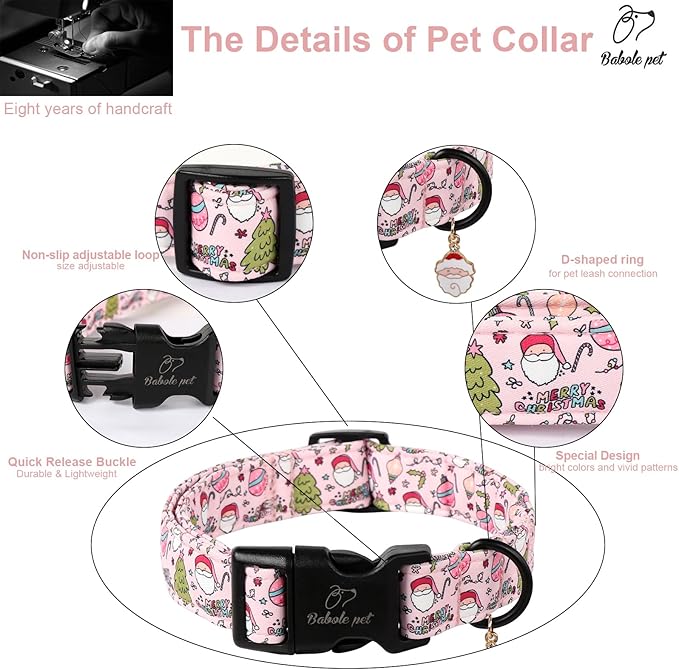 Christmas Dog Collar for Puppy Small Dogs - Cute Santa Print Pink Christmas Collars for Dogs, Soft Adjustable Winter Holiday Dog Collars with Quick Release Buckle XS