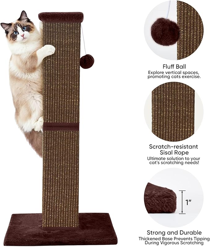Cat Scratching Post 32 Inch for Indoor Large Cats and Kitten, Nature Sisal Tall Cat Scratch Post, Sisal Cat Scratcher Improve Cat's Scratching Habits and Protect Your Furniture, Full Brown