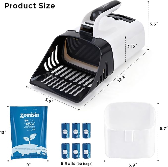 Cat Litter Scoop with Holder & Trash Can, 3-in-1 Mess-Free Poop Scooper Includes 90 Bags, Litter Box Scoop Shovel for Sifter Box Waste Disposal, Blue White