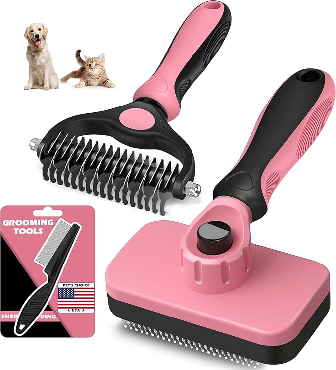 3PCS Self Cleaning Slicker Brush & Pet Grooming Rake & Flea Comb for Dogs,Cats and Horses | Double-Sided Dematting Comb & Skin Friendly Deshedding Grooming Tool | Pet Supplies (Light Pink Black)
