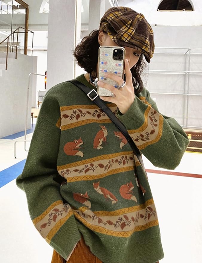 YESNO Women Christmas Sweater Graphic Printed Oversized Pullover Sweaters Casual Loose Knit Tops S01