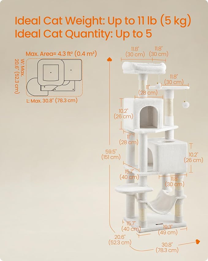 Feandrea Cat Tree, 59.5-Inch Tall Cat Tower, Plush Multi-Level Condo with 5 Scratching Posts, 2 Perches, 2 Caves, Hammock, 2 Pompoms, Cream White UPCT192T01