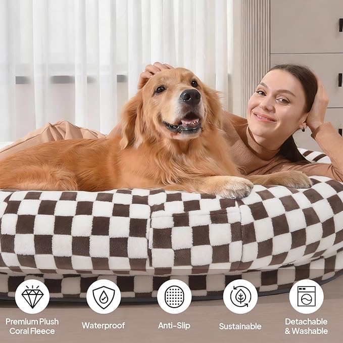 74"x50"x12" Human Dog Bed for Adults, Ultra Plush Waterproof Bean Bag Chair, Machine Washable & Anti-Slip, Memory Foam Oversize Dog Bed for Lounging, Reading, Gaming, Brown Grid
