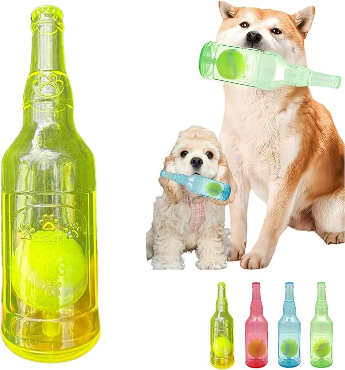 Tennis Ball in Bottle Dog Toy [2025 New Upgrade] Reinforced and Thickened Rubber Bottle Dog Chew Toy with Ball Squeaky Fetch Toy Tough (Yellow, Large)