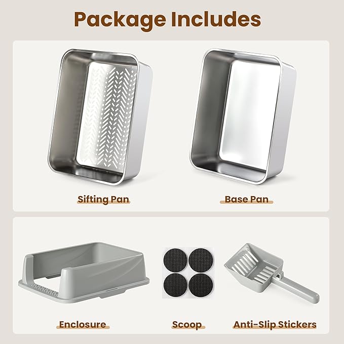 Stainless Steel Sifting Litter Box for Pine Pellets, Sifting Cat Litter Box with Sifter, High Side for Small Cats, Anti-Leakage, Odor Control, Includes Scooper, 17.7" x 13.8" x 11"