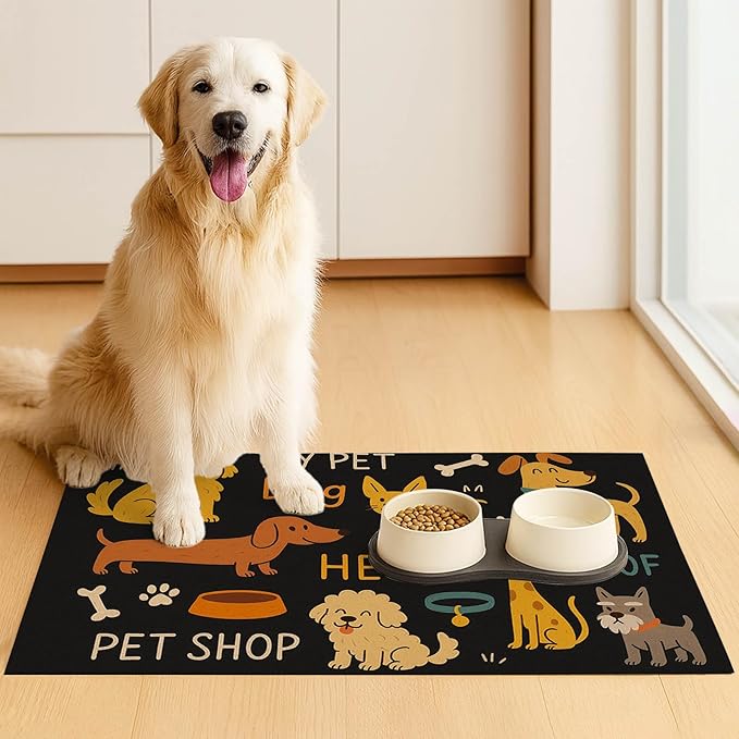 Cute Happy Dog Pattern Design Pet Food Mat 20" x 12" Fun Easy Clean Pet Feeding Mat Absorbent Cat Bowl Mat Non Slip Dog Foods Mats Pets Placemat for Dogs and Cat Feeding