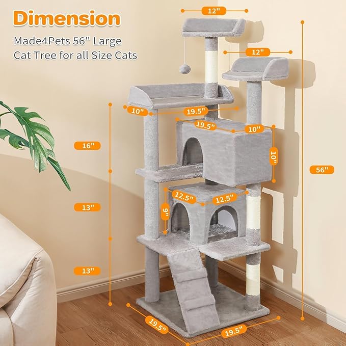 56-Inch Multi-Level Cat Tree Tower for Indoor Cats with 2 Condos, Scratching Posts & Hanging Toys – Large Cat Activity Center Furniture, Light Gray