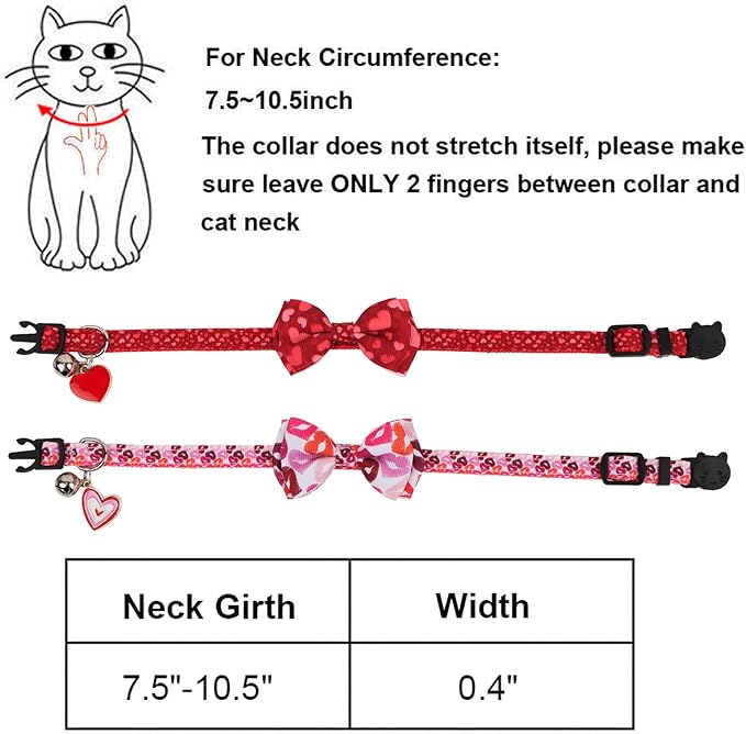 ADOGGYGO Valentine Cat Collars with Bow Bell, Breakaway Cat Bowtie Collar Red Pink Heart Pattern Valentine Collars for Girl Boy Cats Kittens