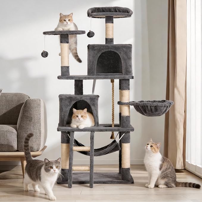 Cat Tree 60.63 inches Cat Tower for Indoor Cats, Multi-Level Cat Condo Furniture with Scratching Posts, Plush Perches, Activity Center with Cozy Basket & Hammock for Cats (Darkgray)