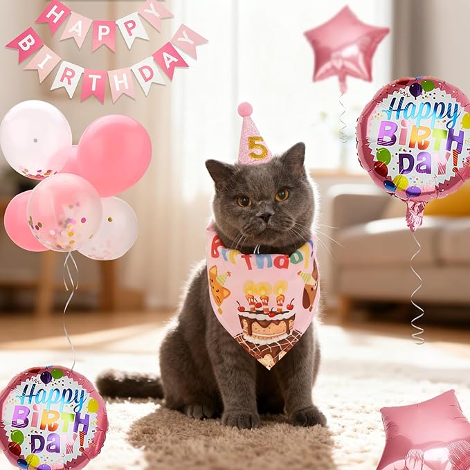 Dog & Cat Birthday Party Decorations Set Include Bandana, Adjustable Hat, Balloons, Happy Birthday Banner for Male and Female. Available for Small & Medium & Large Breeds (Pink)