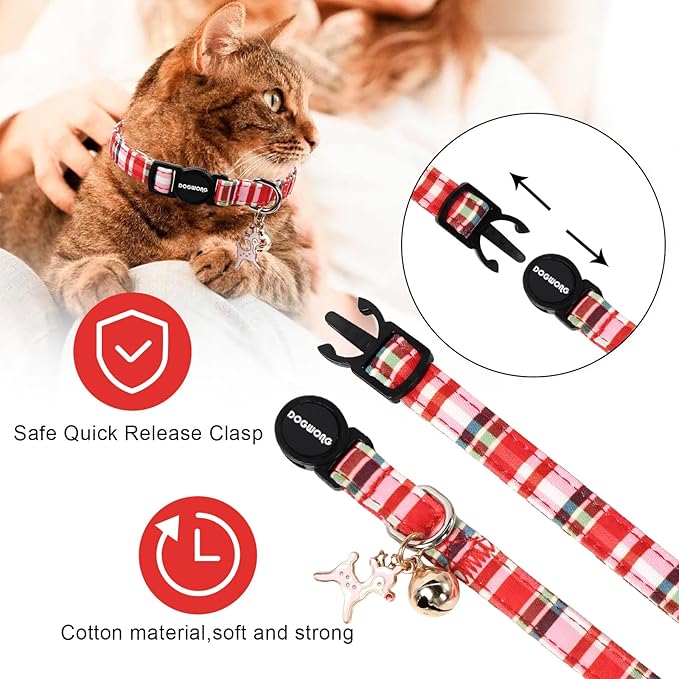 2 Pack Christmas Plaid Cat Collars Breakaway with Bell, DOGWONG Safety Buckle Red Plaid Cute Cat Collar for Girl Boy Cats，Adjustable 7-12 Inch