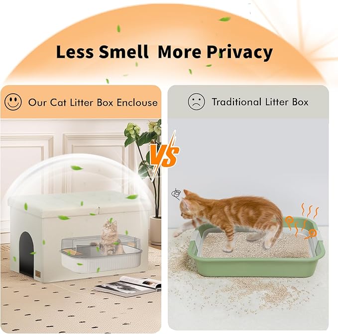 3-in-1 Cat Litter Box Enclosure for Odor Control, Hidden Litter Box Furniture Cabinet Ottoman with Flip-Up Lid, Multi-Functional Bench with Storage Footrest, Dog Proof (Cream, Large)