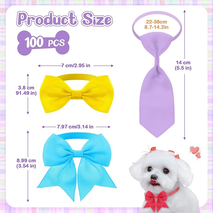 Reginary 100 Pieces Dog Bow Tie Collar Set Include 40 Dog Neckties, and 30 Puppy Bowties, 30 Collar Flowers, Adjustable Pet Ties Grooming for Small Medium Cats Pets Supply(Solid Color)