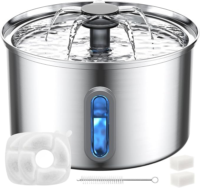Cat Water Fountain Stainless Steel, 118oz/ 3.5L Large Capacity Automatic Pet Water Dispenser for Drinking with Level Window, Ultra Quiet Pump, 2 Replacement Filters & Pre-Filter Sponges for Dog