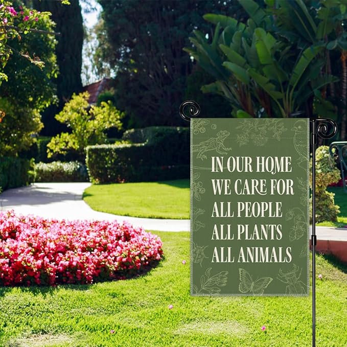 In Our Home We Care for All People Plants Animals Garden Flag, Double Sided Yard Outdoor Farmhouse Lawn Porch Decor Banner, Ally Yard Flag, Inclusive Gifts For Family Friend Plant Animal Lover