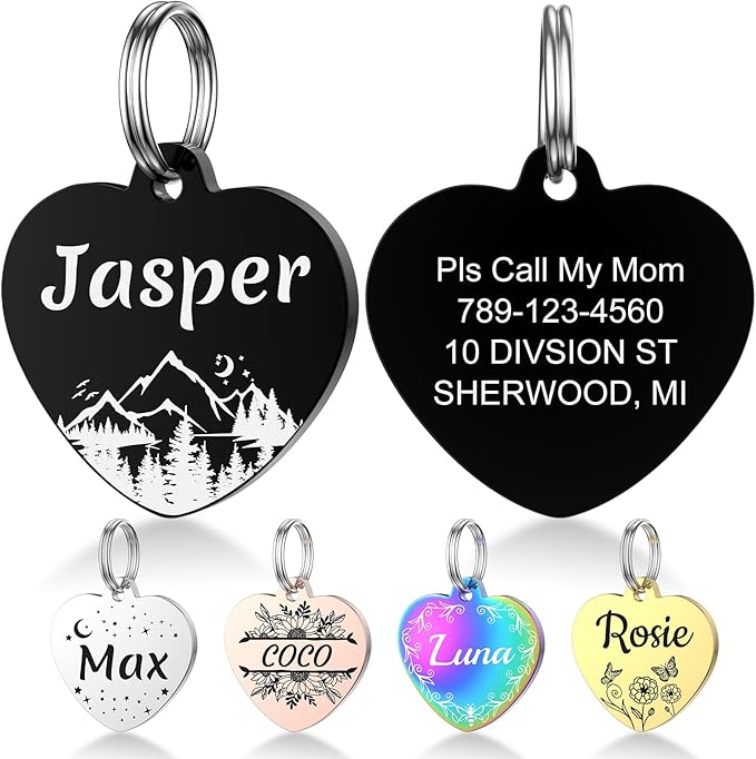 YEHANTI Dog Tags Personalized for Pets with Name Pattern Art Design - Engraved with Laser - Stainless Steel Cats Dogs ID Tags - Stylish Dog Collar Accessories (Heart)