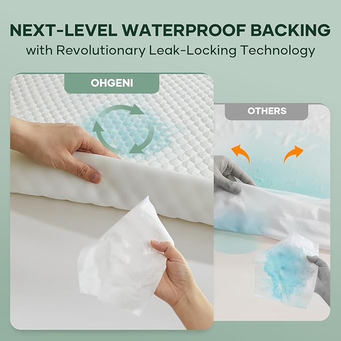 OhGeni 100% Waterproof Zippered Mattress Protector,Queen Size Mattress Encasement,Pet Hair & Bedwetting Resistant,Cooling Breathable Fitted Sheets,Non-Slip Deep Pocket,Washable Noiseless