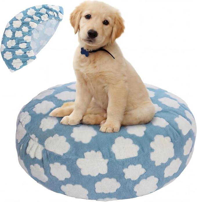 Youyole Medium Washable Round Dog Bed Cover Replacement Waterproof 30 x 30 x 10 in Round Donut Bed Cover for Dog Soft Blue Beds Protector Sheet with Lovely Clouds Print for Donut Beds & Pet Couch