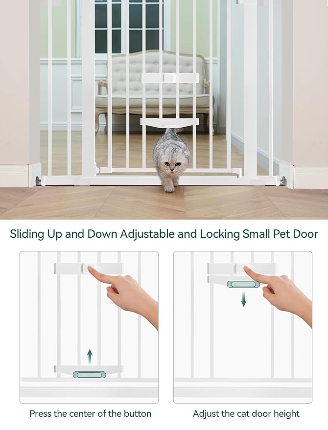 BABELIO New Version Baby Gate with Cat Door Adjustable,29-40" Metal Pet Door for Stairs & Doorways,Pressure Mounted,No Tools Needed,White