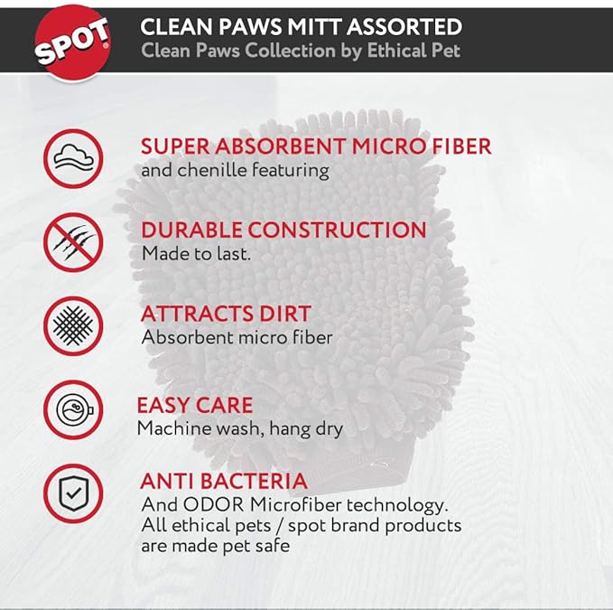 SPOT Clean Paws Chenille Microfiber Dog Towel Mitt - Super Absorbent, Quick-Drying, Washable, Double-Sided Glove for Wet Paws & Body, Durable, Odor-Free, Gently Massages & Dries, 9.5in x 7in
