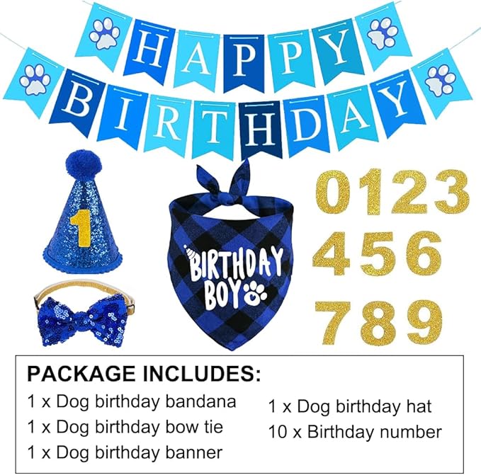 Dog Party Supplies, Boy Bandana With Hat Bow Tie Number, Cute Scarf and Happy Birthday Banner Set for Large Medium Small Dogs Pet (Blue)