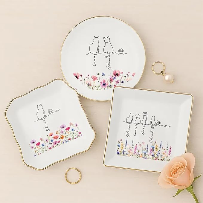 Personalized Pet With Name Jewelry Dish, Custom Cat Floral Ring Dish, Kitty Lover Gift, Unique Cat Lover Presents, Gifts For Kitten Owner Pet Lover, Decorative Trinket Holder for Vanity