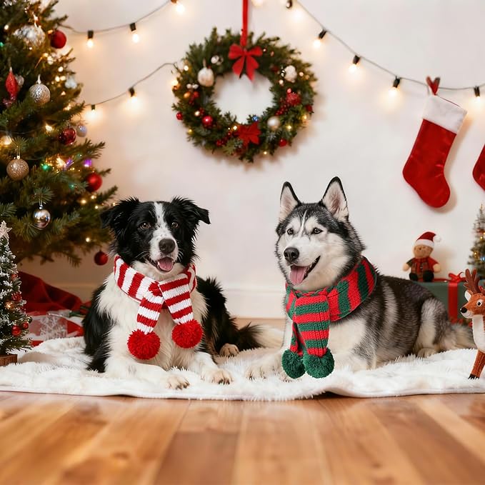 BWOGUE 2-Piece Knitted Dog Christmas Scarf & Bandana with Red and Green Pom Poms for Medium/Large Dogs - Winter Warm Holiday Pet Costume Accessory (Red, Green)