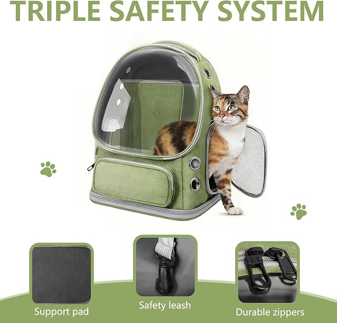 Expandable Cat Backpack Carrier, Breathable Cat Bubble Backpack for Kitty & Small Dog up to 18lbs, Large Space Cat Carrier Backpack, Foldable Airline Approved Carrier for Travel (Green)