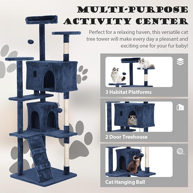 Heavy Duty Cat Tree Tower, 70" Tall Cat Tower for Indoor Cats with Cat Scratching Post with Bed, Cat Condo, Hanging Ball, Multi-Level Cat Climbing Tower Cat Trees Furniture Activity Center, Navy Blue