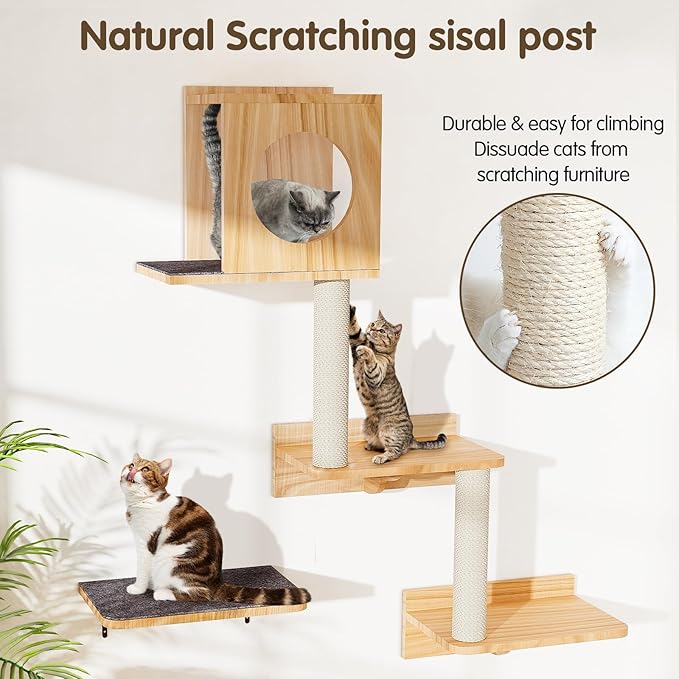 Wall Mounted Cat Tree 47” Tall, Cat Activity Tree Tower Set: Scratching Post, Climbing Step and Interior Bed Area, Wooden Handcrafed Cats Wall Shelves for Sleeping Playing Lounging Perching