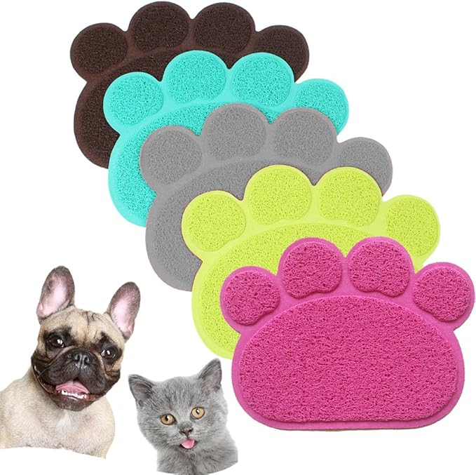 PVC Pet Dog Cat Puppy Kitten Dish Bowl Food Water Feeding Placemat, Non-Slip Cat Litter Mat Paw Shape, Rose Large