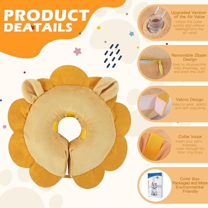 IEUUMLER Inflatable Recovery Dog Collar, Protective Donut Cone, Adjustable Soft Collar for Dog and Cat After Surgery Prevent from Biting & Scratching EU002 - Brown Lion M+