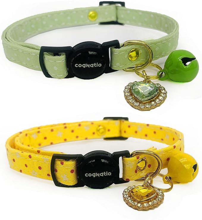 2 Pack Cotton Breakaway cat Collars with Bell,Safety Quick Release Pendant Cute Kitten Collar,Adjustable 20-30cm (Lemon+Pastel Green, 20-30cm)