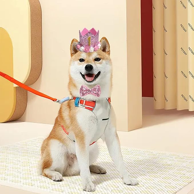 Pet Birthday Hat, Dog Birthday Crown Hat and Bowtie with 0-9 Figures Charms Party Accessories for Small Medium Dogs Cats (PINK)