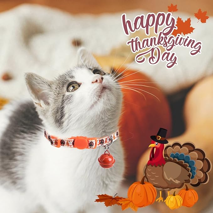 Christmas Cat Collar with Bells, Thanksgiving Cat Collar Breakaway, Halloween Kitten Collars for Girl Boy Cats, 3 Pack Fall Kitty Holiday Collars Adjustable 8-12inch