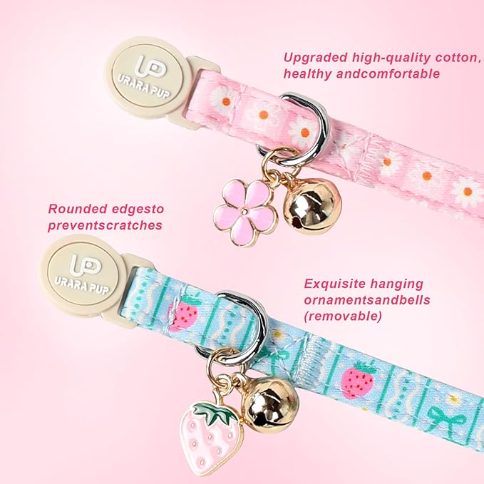 Cat Collar, Pack of 2 Summer Kitten Collars-Cute Lime and Strawberry Pendants-Breakaway Kitty Collars,Cat Collar with Bell, for Girl & Boy Cats