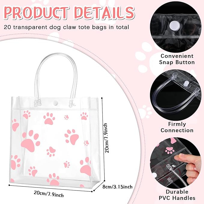 Teling 20 Packs Dog Paw Clear PVC Gift Bags with Handle Reusable Plastic Wrap Tote Bags Transparent for Puppy Pet Treat Party Favor Birthday Wedding Party, 8 x 8 x 3.15 Inch(Pink)