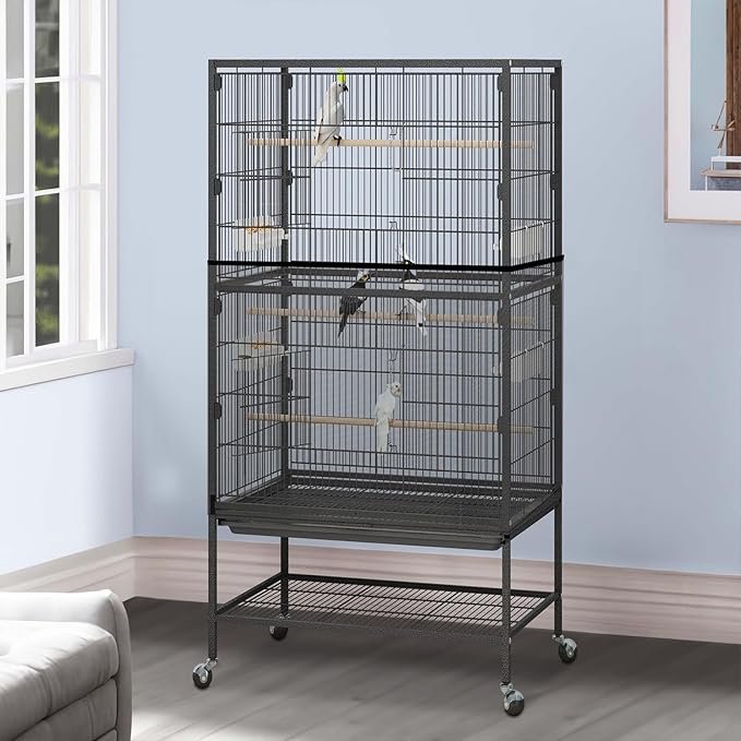 Large Bird Cage Seed Catcher, Stretchy Bird Cage Cover, Soft Nylon Mesh Skirt, Parrot Birdcage Net, Ventilate Dustproof Cover for Parrot Parakeet Macaw African (Black)