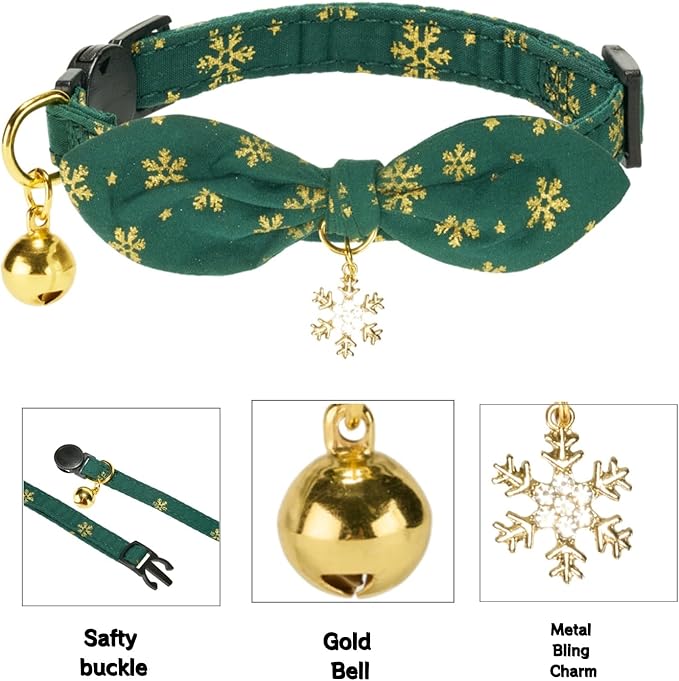 2 Pack Christmas Cat Collar with Bell and Removeable Bunny Bowtie,with Bling Snowflake Charm and Printing Pattern, Safety Breakaway Clasp, Adjustable for Kitten and Cats Green and Red.