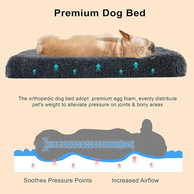 Fluffy Orthopedic Dog Beds for Large Dogs with Washable Removable Cover Dog Crate Bed Egg Crate Foam Support Plush Pet Pad Mat with Anti-Slip Bottom (42 * 28,Dark Grey)