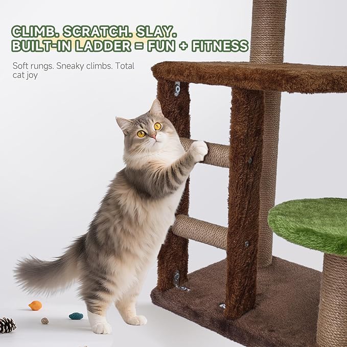 Cat Tree, 37.4-Inch Cat Tower with Plush Cozy Perch for Indoor Cats, Sturdy Tower with Fully Sisal-Wrapped Columns and Plush Toy Ball for Kitty Play, Green