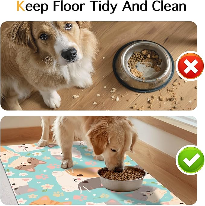 Cat Feeding Mat 24x16 inch Blue Kitten Print Pet Bowl Placemat Non Slip Floor Mat for Food and Water Indoor Kitty Feeding Station Cute Meal Pad for Small Pets Kitchen Use
