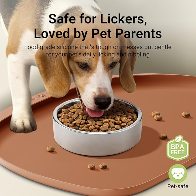 DownyPaws Dog Food Mats for Floors Waterproof, BPA Free Silicone Dog Bowl Mat, Non-Slip Pet Feeding Mat with High Raised Edge, Cat Placemat for Messy Drinkers, 24"×17", Coral